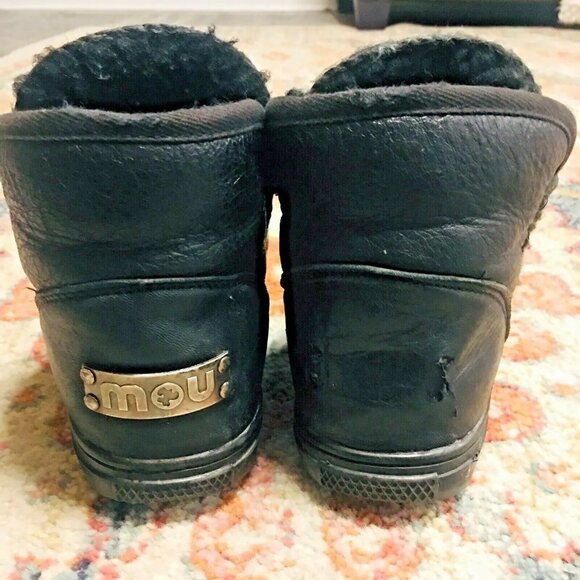 MOU Black Leather Shearling Sherpa Short Ankle Studded Boots Women's 7 to 7.5 - Picture 5 of 13